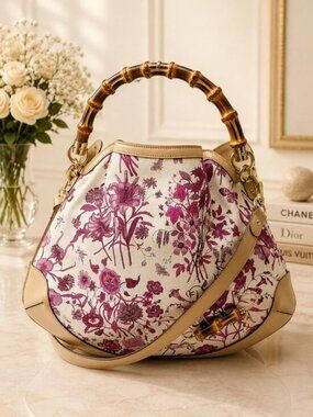 Authentic Gucci Flora Bamboo Top Handle Floral Canvas Shoulder Bag